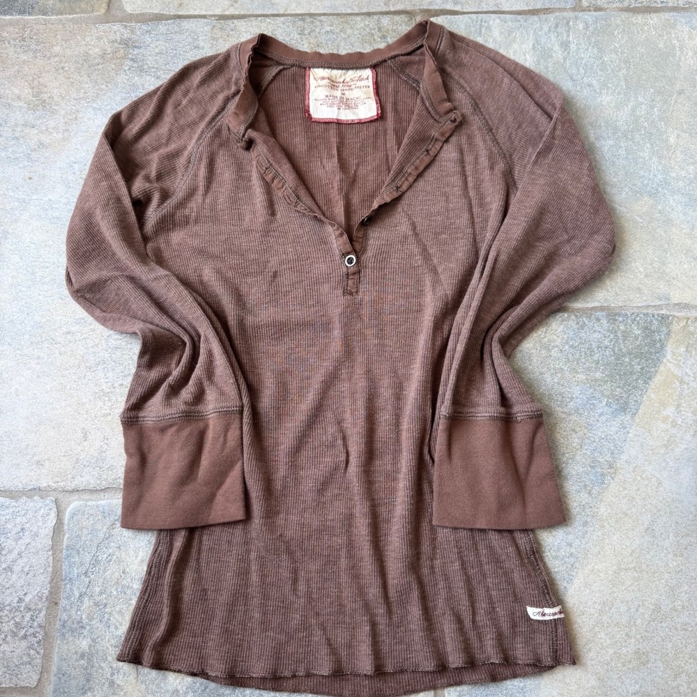 Y2K Abercrombie & Fitch Brown Waffle Henley Top Sz M | Stretchy Long Sleeve